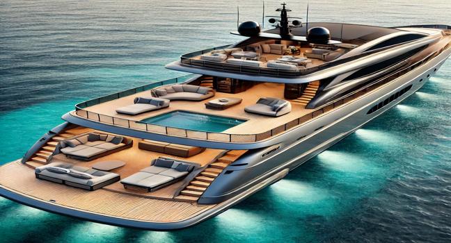 A luxurious yacht sailing on crystal-clear waters, featuring a sleek and modern design with premium lounge seating and sunbeds for ultimate comfort