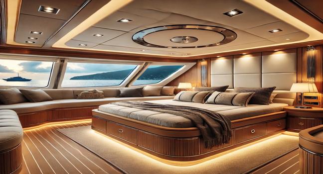 Luxurious Prezzo yacht bedroom with large bed, wood finishes, and sea views. Soft lighting and modern furnishings create a cozy atmosphere