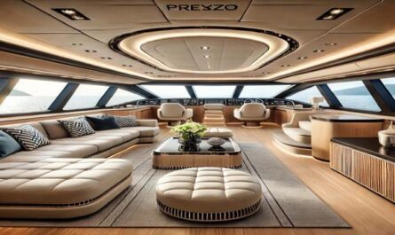 Luxurious Prezzo yacht living area with plush seating, large windows, and ocean views. Modern wood finishes and decor create elegance