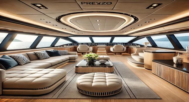 Luxurious Prezzo yacht living area with plush seating, large windows, and ocean views. Modern wood finishes and decor create elegance