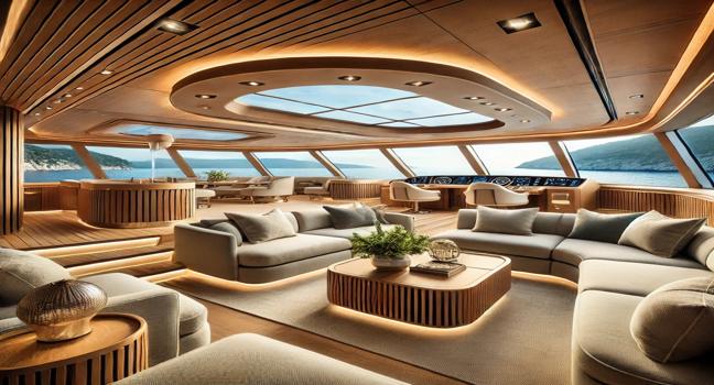 Luxurious Prezzo yacht lounge with plush seating, panoramic windows, and elegant wood finishes. Offers breathtaking ocean views and lighting