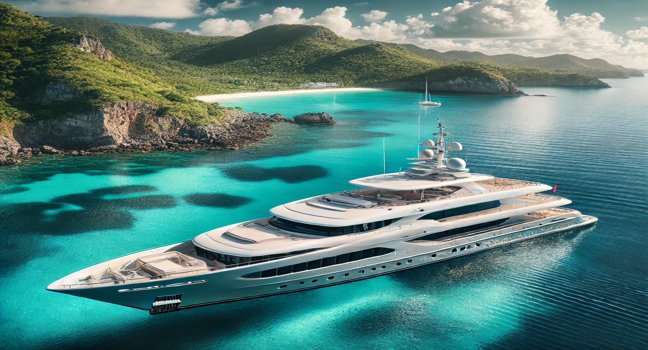 A luxury yacht anchored near a beautiful coastline with turquoise waters and lush green cliffs. The yacht is large, sleek, and designed for premium comfort