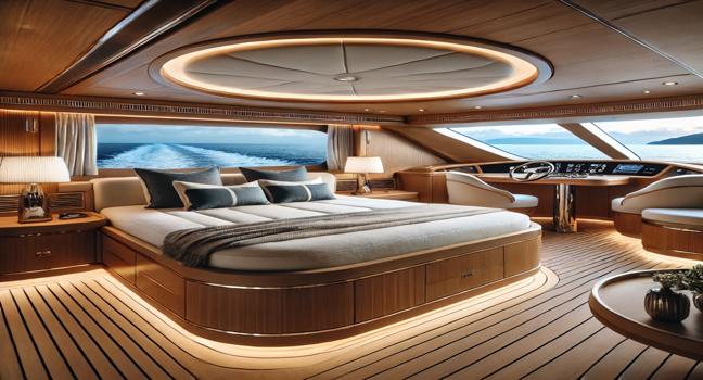 A stylish yacht bedroom featuring a large bed, elegant wood finishes, and panoramic ocean views Vendita Yacht Usati