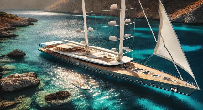 A magnificent yacht in a hidden Greek cove, surrounded by cliffs