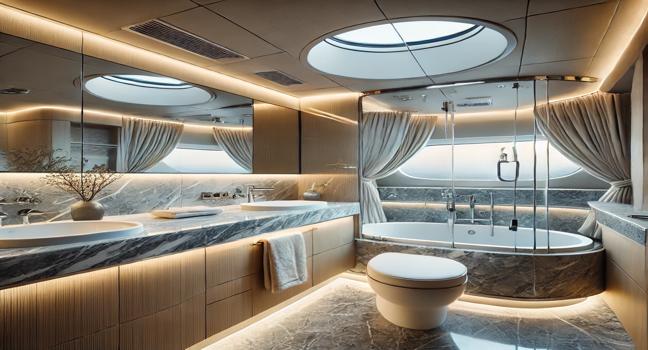 A sleek bathroom on a Croatia sailing charter, featuring marble countertops, glass shower enclosures, and soft ambient lighting for a luxurious experience