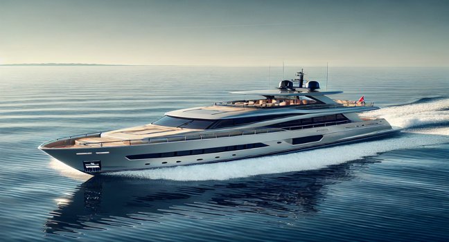 A modern motor yacht cruising on calm blue waters with a clear horizon in the background. The yacht is elegant and luxurious, showcasing premium marine design