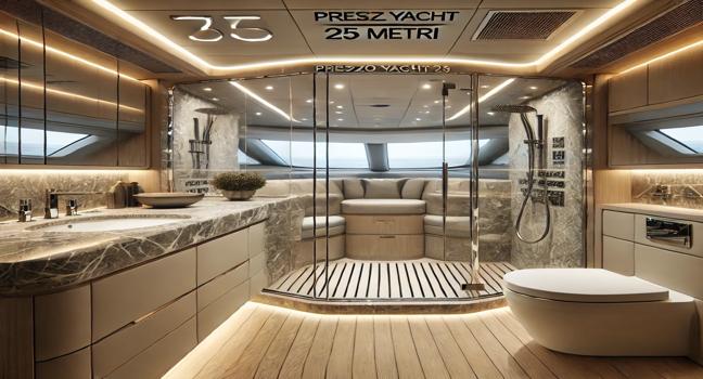 A sleek and modern Prezzo Yacht 25 Metri bathroom featuring marble countertops, glass shower enclosures, and soft ambient lighting for a luxurious experience