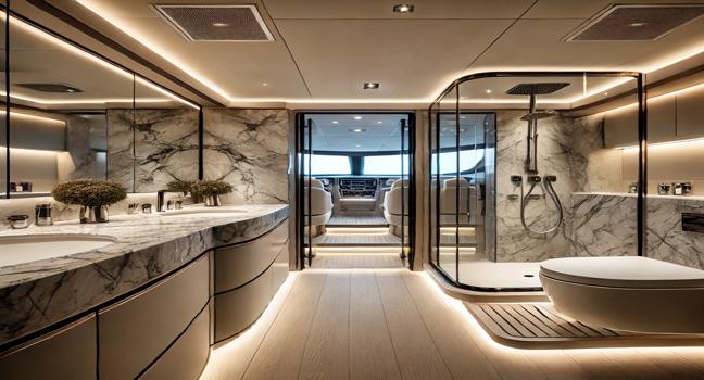  sleek and modern San Lorenzo Yachts bathroom featuring marble countertops, glass shower enclosures, and soft ambient lighting for a luxurious experience