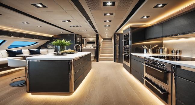 A modern used yacht kitchen featuring sleek cabinetry, polished countertops, and state-of-the-art appliances. Designed for elegance and functionality