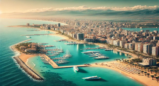 A panoramic view of Durres, Albania, with clear blue waters, golden sandy beaches, and a scenic coastal skyline. A tranquil marina yachting setting