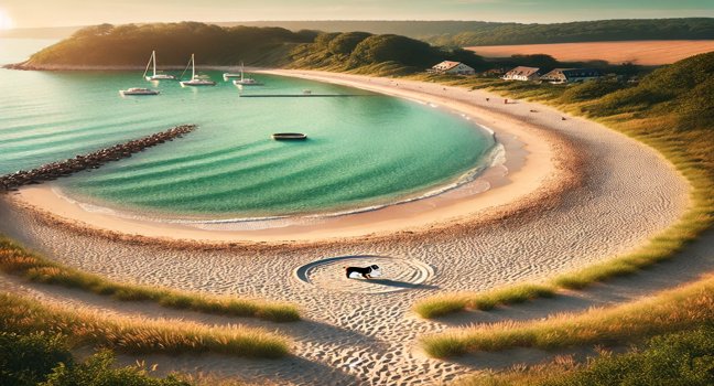 A panoramic view of a dog-friendly beach (Hundestrand) with soft sand, calm turquoise waters, and a scenic natural setting. A relaxing coastal environment for dog owners