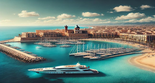 A panoramic view of the Palermo coastline, Italy, with clear blue waters, golden sandy beaches, and a backdrop of historic architecture. A tranquil marina yachting setting