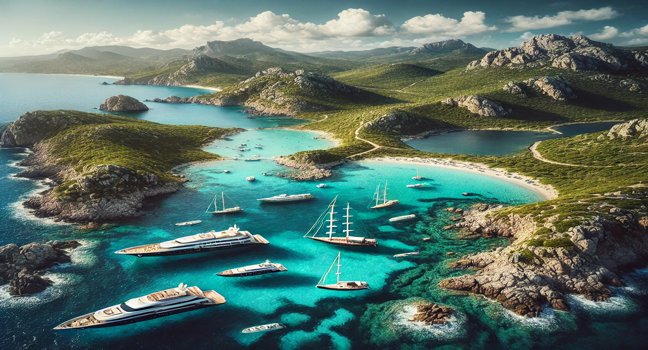 A panoramic view of the Sardinian coastline featuring crystal-clear waters, rugged cliffs, and green hills. A perfect representation of Sailing Yacht Bayesian