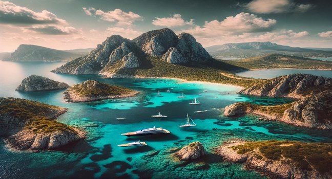 A panoramic view of the Sardinian coastline featuring crystal-clear waters, rugged cliffs, and green hills. A perfect representation of Sardegna’s coastal charm