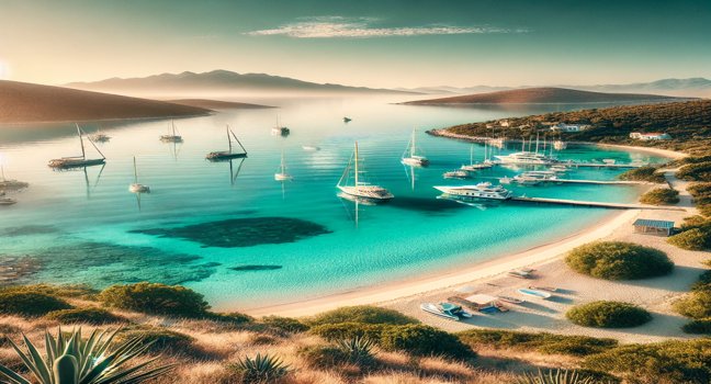 A peaceful coastal marina scene with clear turquoise waters, a soft sandy beach, and green vegetation along the shore.