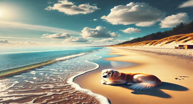 A peaceful dog-friendly coastline (Hundestrand) with golden sand, gentle waves, and a bright blue sky. The perfect beach for dog owners to relax and enjoy nature