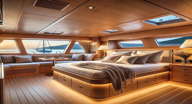 A stylish bedroom on a Croatia sailing charter with a large bed, elegant wood finishes, and panoramic ocean views. Soft lighting creates a cozy atmosphere