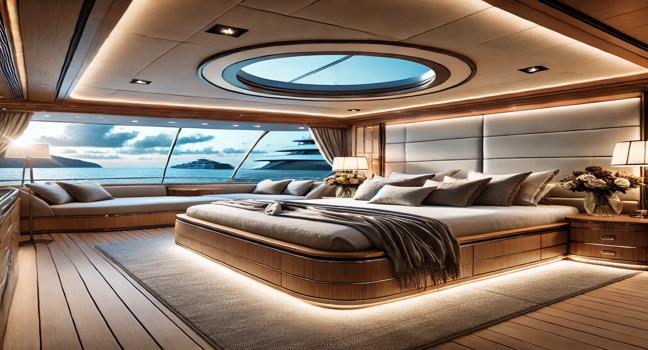 A premium Lions yacht bedroom with a large, comfortable bed, elegant wood finishes, and panoramic windows offering breathtaking ocean views