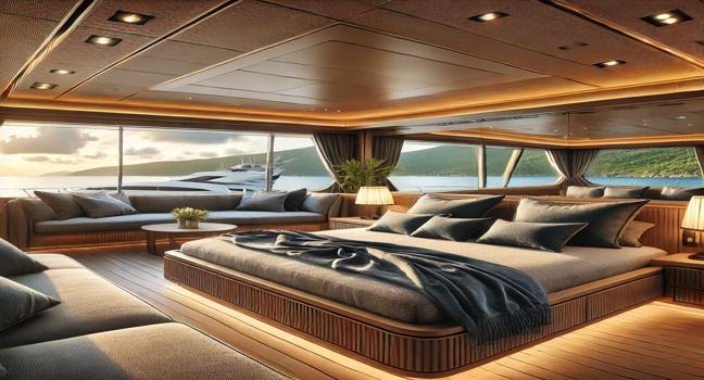 A premium Prezzi Yacht di Lusso bedroom with a large, comfortable bed, elegant wood finishes, and panoramic windows offering breathtaking ocean views