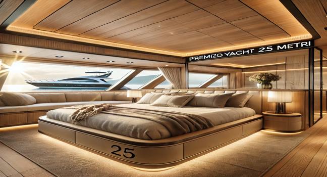 A premium Prezzo Yacht 25 Metri bedroom with a large, comfortable bed, elegant wood finishes, and panoramic windows offering breathtaking ocean views