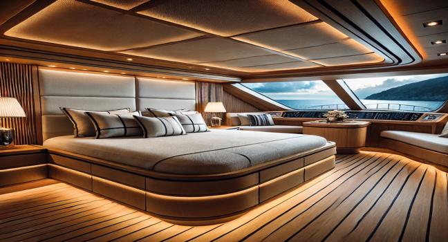 A premium San Lorenzo Yachts bedroom with a large, comfortable bed, elegant wood finishes, and panoramic windows offering breathtaking ocean views