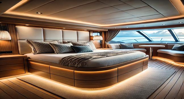 A premium used yacht bedroom with a large, comfortable bed, elegant wood finishes, and panoramic windows offering breathtaking ocean views