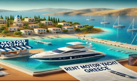 A professional rental office by the Greek coast, showcasing how to Rent Motor Yacht Greece without displaying a yacht