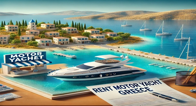 A professional rental office by the Greek coast, showcasing how to Rent Motor Yacht Greece without displaying a yacht