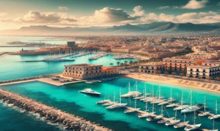 A stunning coastal view of Palermo, Italy, featuring turquoise waters, sandy beaches, and historic buildings along the shore. A peaceful marina yachting destination