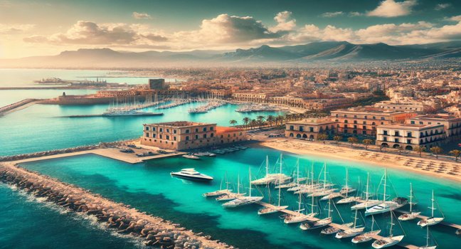 A stunning coastal view of Palermo, Italy, featuring turquoise waters, sandy beaches, and historic buildings along the shore. A peaceful marina yachting destination