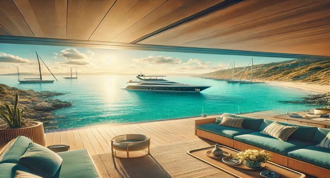 A scenic coastal view with a clear blue sky, turquoise waters, and a peaceful sandy shore. A perfect representation of a marina yachting lifestyle without any yachts or boats