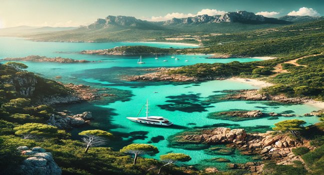 A scenic view of the Sardinian coast with turquoise waters, lush green landscapes, and rocky cliffs. A peaceful and stunning representation of Sailing Yacht Bayesian