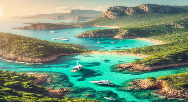 A scenic view of the Sardinian coast with turquoise waters, lush green landscapes, and rocky cliffs. A peaceful and stunning representation of Sardegna’s beauty