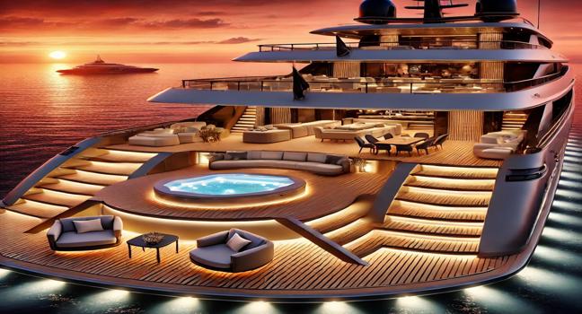 A stunning luxury mega yacht illuminated at sunset, with a modern design, spacious outdoor deck, and ambient lighting for a glamorous yachting experience