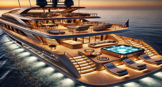 A stunning luxury yacht illuminated at sunset, showcasing a stylish design, an open deck with a Jacuzzi, sun loungers, and ambient lighting for a high-end yachting experience