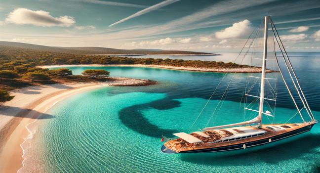 A stunning sailing yacht anchored near a sandy beach in Croatia, offering breathtaking ocean views and a luxurious setting for yacht lovers