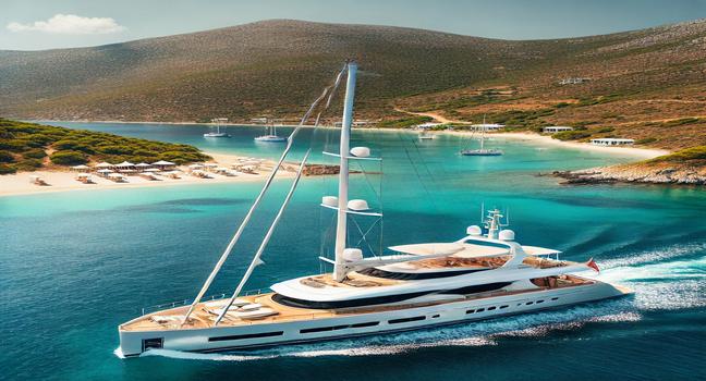 A sleek sailing yacht near a Greek island, featuring a modern design