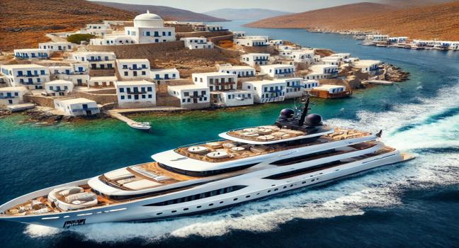 A stunning yacht sailing near a Greek island, passing by historic white-washed buildings and rocky coastlines