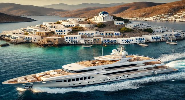 A stunning yacht sailing near a Greek island, passing by historic white-washed buildings and rocky coastlines