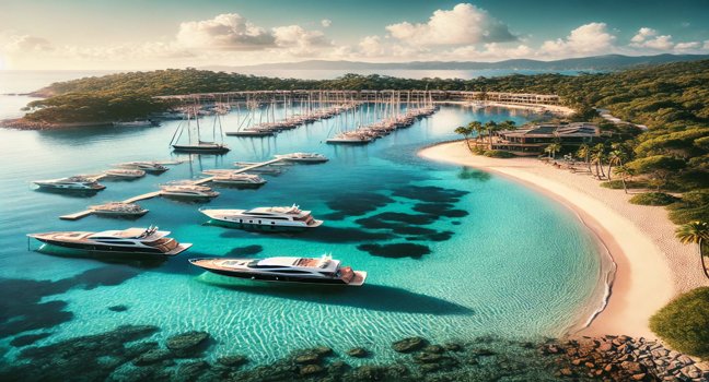 A tranquil marina yachting destination featuring crystal-clear waters, a peaceful sandy beach, and lush greenery. A serene showcase of coastal elegance