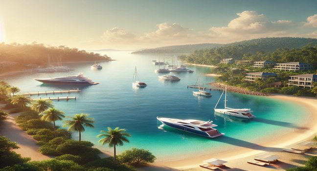 A tranquil marina yachting destination with crystal-clear waters, a peaceful sandy beach, and lush greenery. A serene coastal setting without any yachts or boats