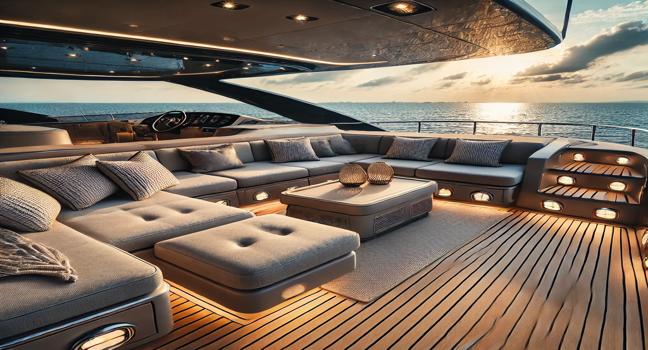 A stylish yacht deck on a used yacht for sale, showcasing comfortable seating, soft ambient lighting, and a peaceful sea backdrop, Yacht Usati Vendita