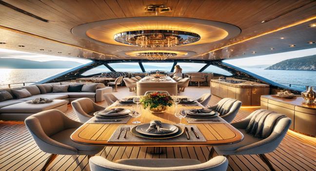 A high-end dining area on a used yacht for sale, with a beautifully set table, elegant furnishings, and stunning ocean views, perfect for an exclusive experience