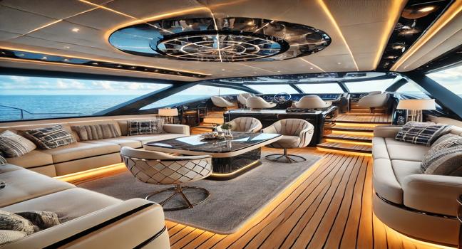 A spacious lounge inside a used yacht for sale, featuring plush seating, modern decor, and panoramic sea views that enhance the luxurious atmosphere