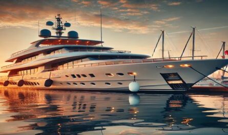 A luxurious used yacht for sale docked at a marina during sunset. The image highlights its elegant design, warm reflections on the water, and a serene ambiance