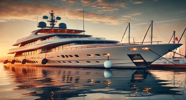 A luxurious used yacht for sale docked at a marina during sunset. The image highlights its elegant design, warm reflections on the water, and a serene ambiance