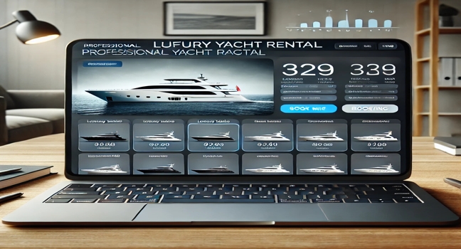 Ein moderner Laptop zeigt eine professionelle Yachtvermietungs-Plattform mit verschiedenen Yachtoptionen, Preisen und einer intuitiven Buchungsoberfläche