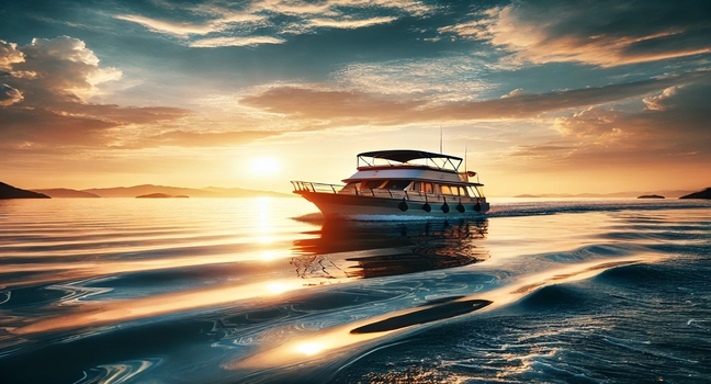 Ein idyllisches Boot gleitet über das ruhige, blaue Meer, während die Sonne am Horizont untergeht. Perfekt für einen erholsamen Boot Urlaub und unvergessliche Momente auf dem Wasser