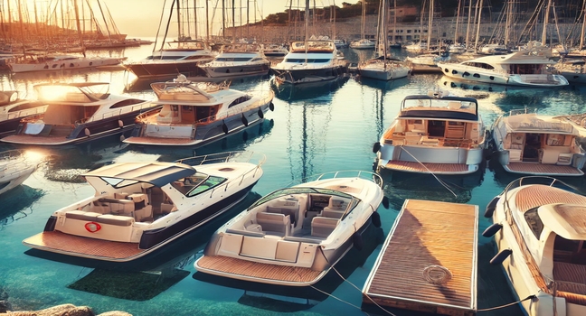 Eine Auswahl verschiedener Boote liegt im Hafen bereit zur Miete