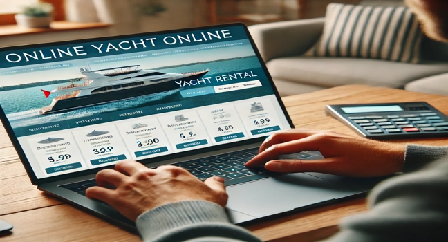 Eine Person nutzt einen Laptop, um eine Yacht online zu buchen. Der Bildschirm zeigt eine Yachtvermietungs-Website mit Optionen, Preisen und einem sicheren Zahlungsbereich